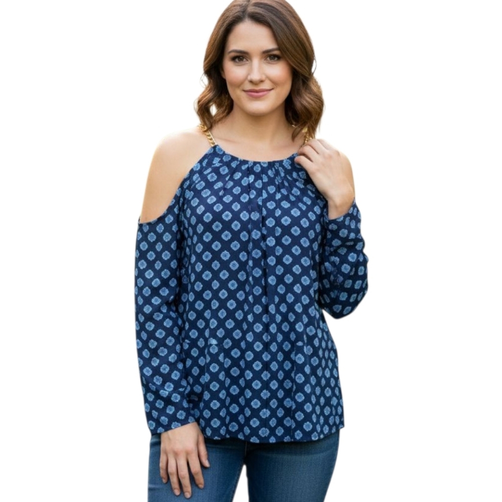 Michael Michael Kors Gold Chain Adjustable Neckline V-Back Cold Shoulder Top L